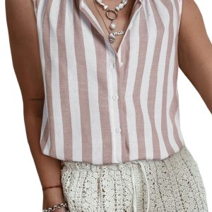 Women's Khaki Stripe Casual Button Down Sleeveless Shirt - Perfect for Summer - Main View