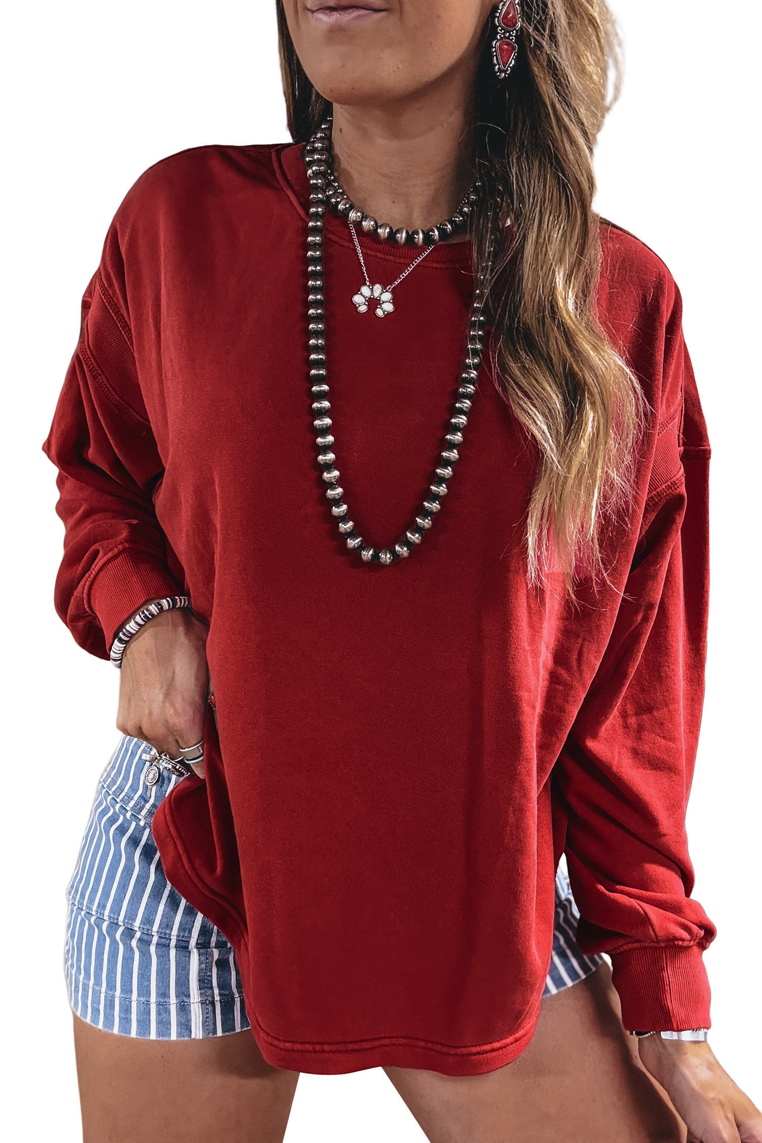 Women's Racing Red Sweatshirt, Trendy Open Back Casual Top - Main View Women's Racing Red Sweatshirt, Trendy Open Back Casual Top - Main View