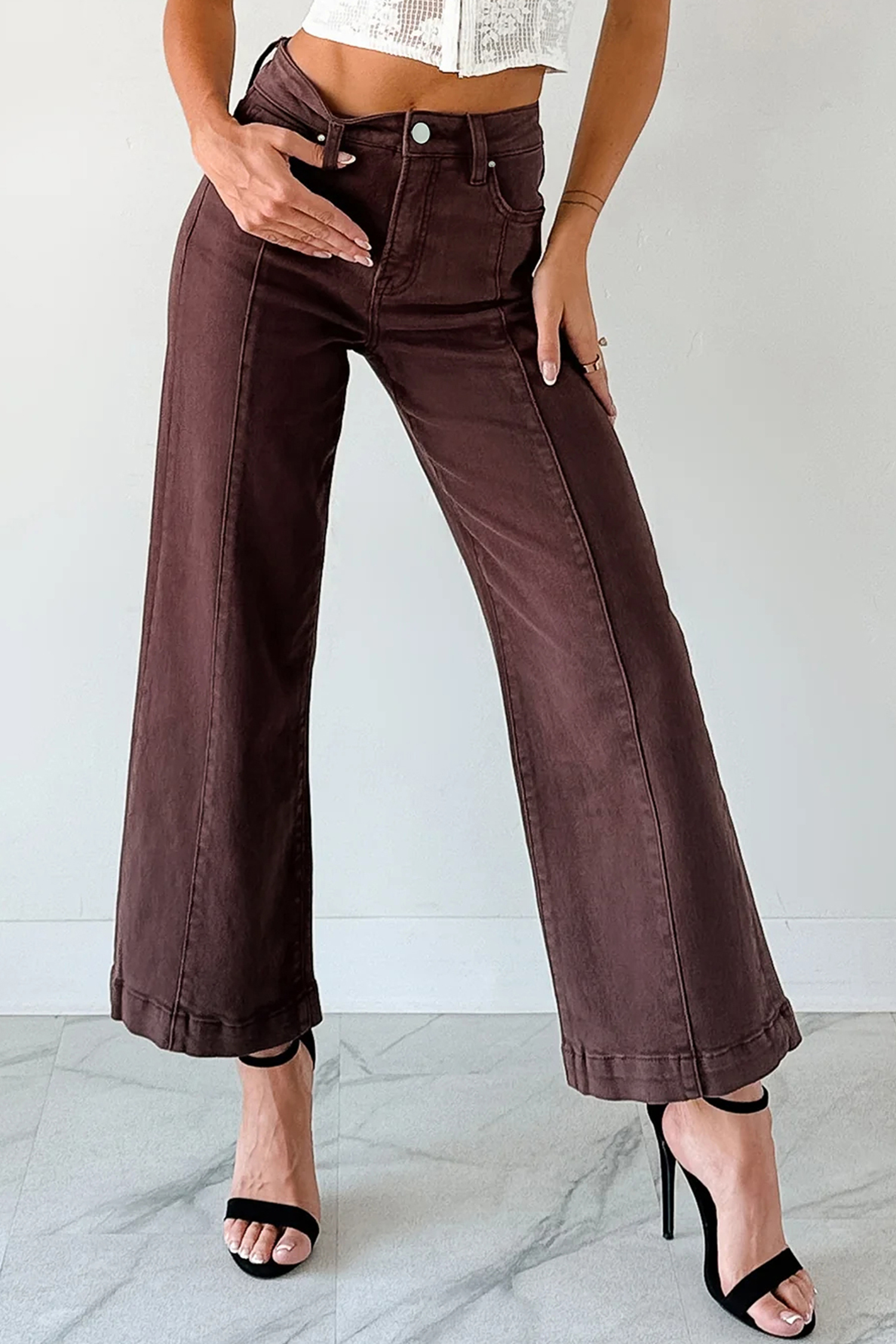 Women's Red Sandalwood Wide Leg Cropped Jeans – Casual Daily High Waist Denim - Detail View 10 Women's Red Sandalwood Wide Leg Cropped Jeans – Casual Daily High Waist Denim - Detail View 10