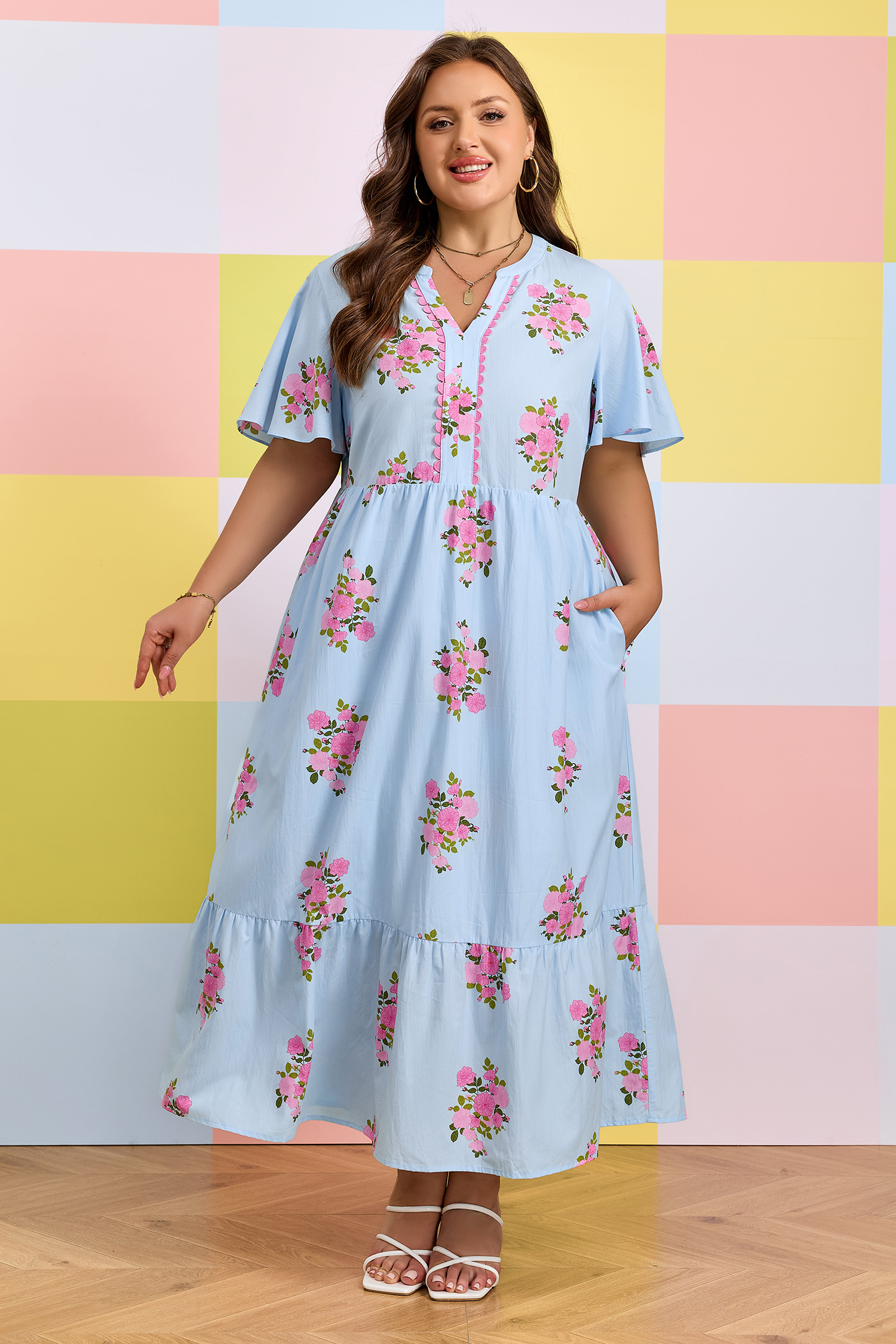 Floral Print V-Neck Summer Dress for Women – Sky Blue Short Sleeve Vacation Maxi with Rick Rack Trim - Detail View 5 Floral Print V-Neck Summer Dress for Women – Sky Blue Short Sleeve Vacation Maxi with Rick Rack Trim - Detail View 5