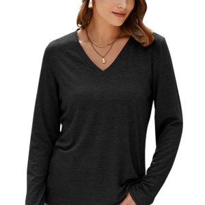 Women's Black Solid Color V Neck Long Sleeve Stretchy Top - Casual Elegance - Main View