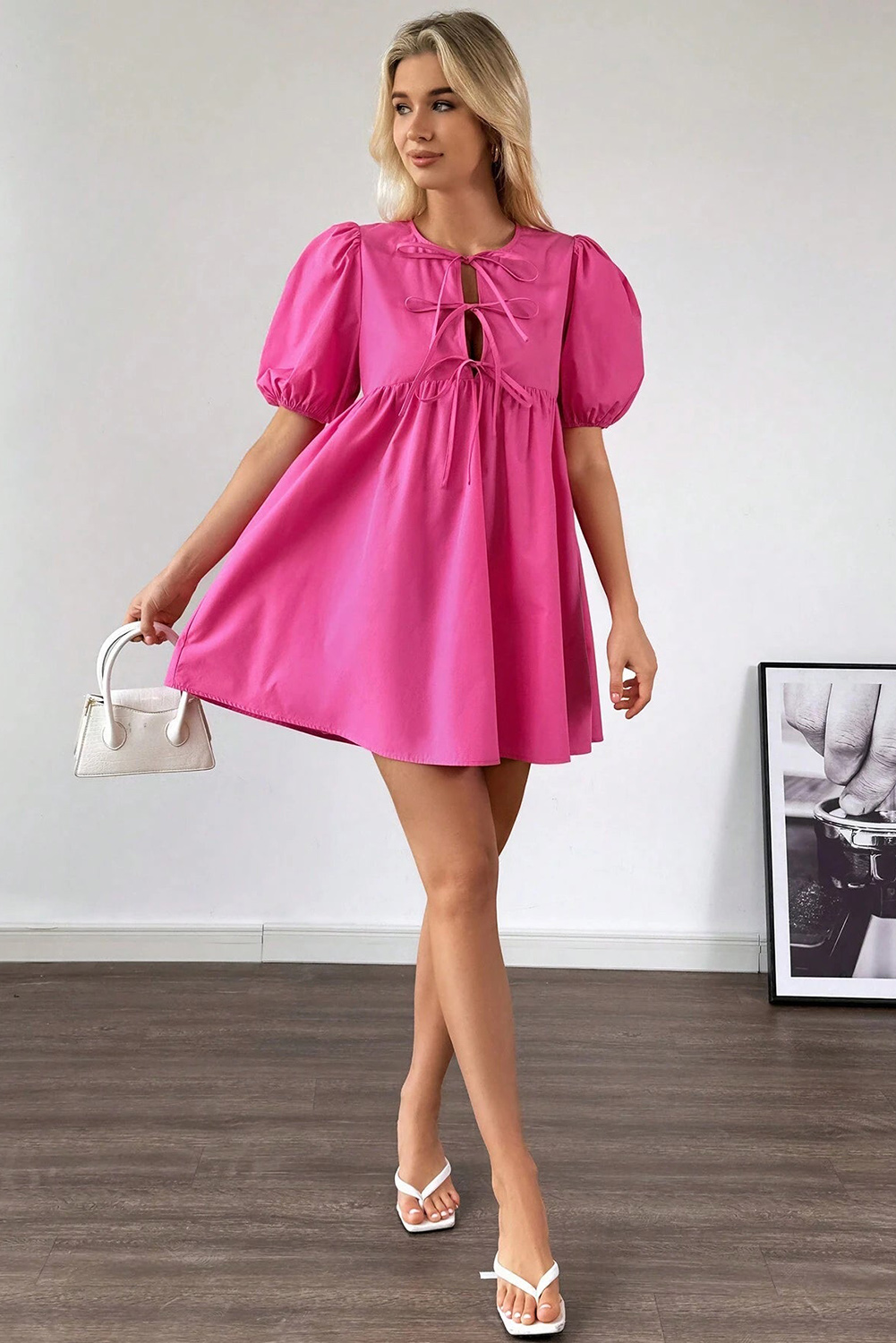 Cute and Chic Bright Pink Solid Color Mini Dress with Puff Sleeves - Detail View 6 Cute and Chic Bright Pink Solid Color Mini Dress with Puff Sleeves - Detail View 6