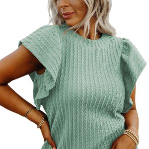 Women's Moonlight Jade Flutter Sleeve Top - Elegant Textured Knit Blouse - Main View