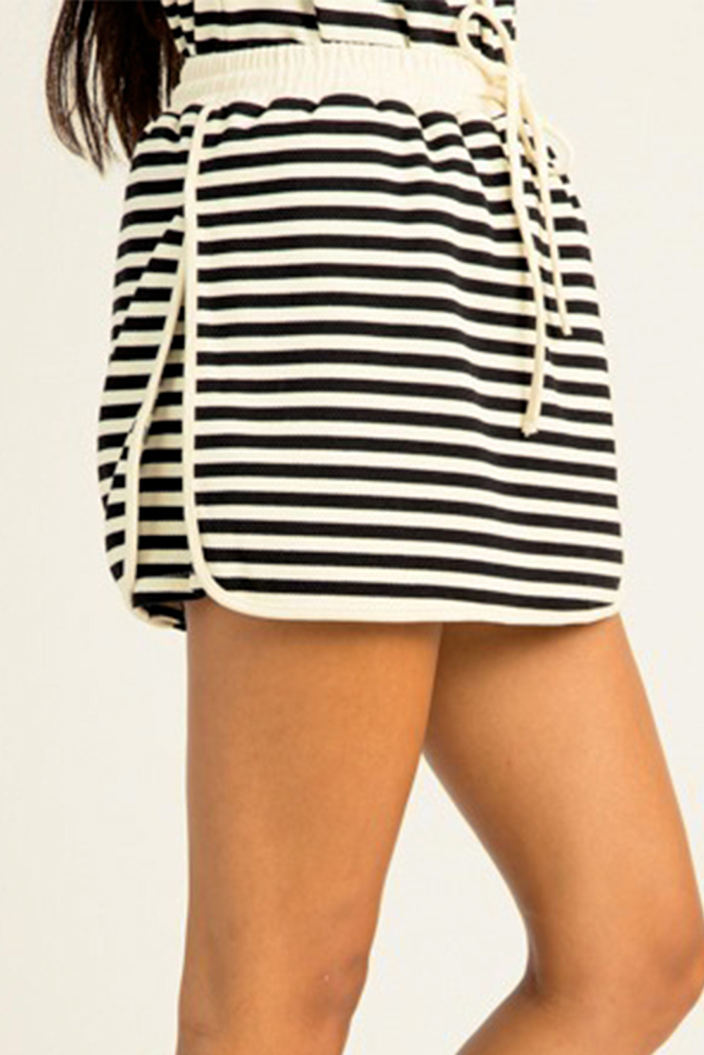 Casual Black Striped Two-Piece Dress Set for Women – Drop Shoulder & Drawstring - Detail View 5 Casual Black Striped Two-Piece Dress Set for Women – Drop Shoulder & Drawstring - Detail View 5