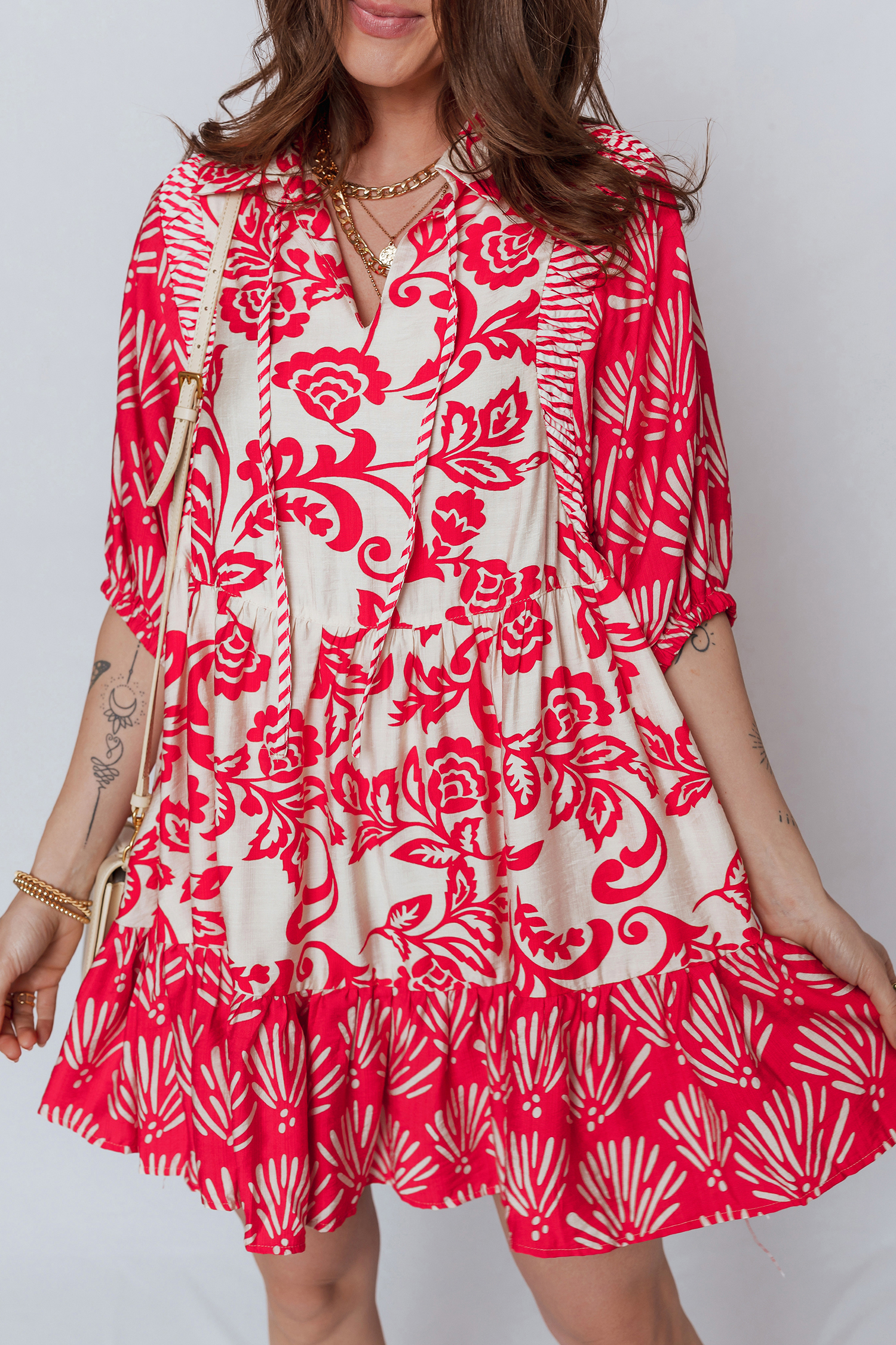 Bohemian Red Flower Mini Dress – Loose Fit V Neck Half Sleeve for Vacation Adventures - Detail View 6 Bohemian Red Flower Mini Dress – Loose Fit V Neck Half Sleeve for Vacation Adventures - Detail View 6
