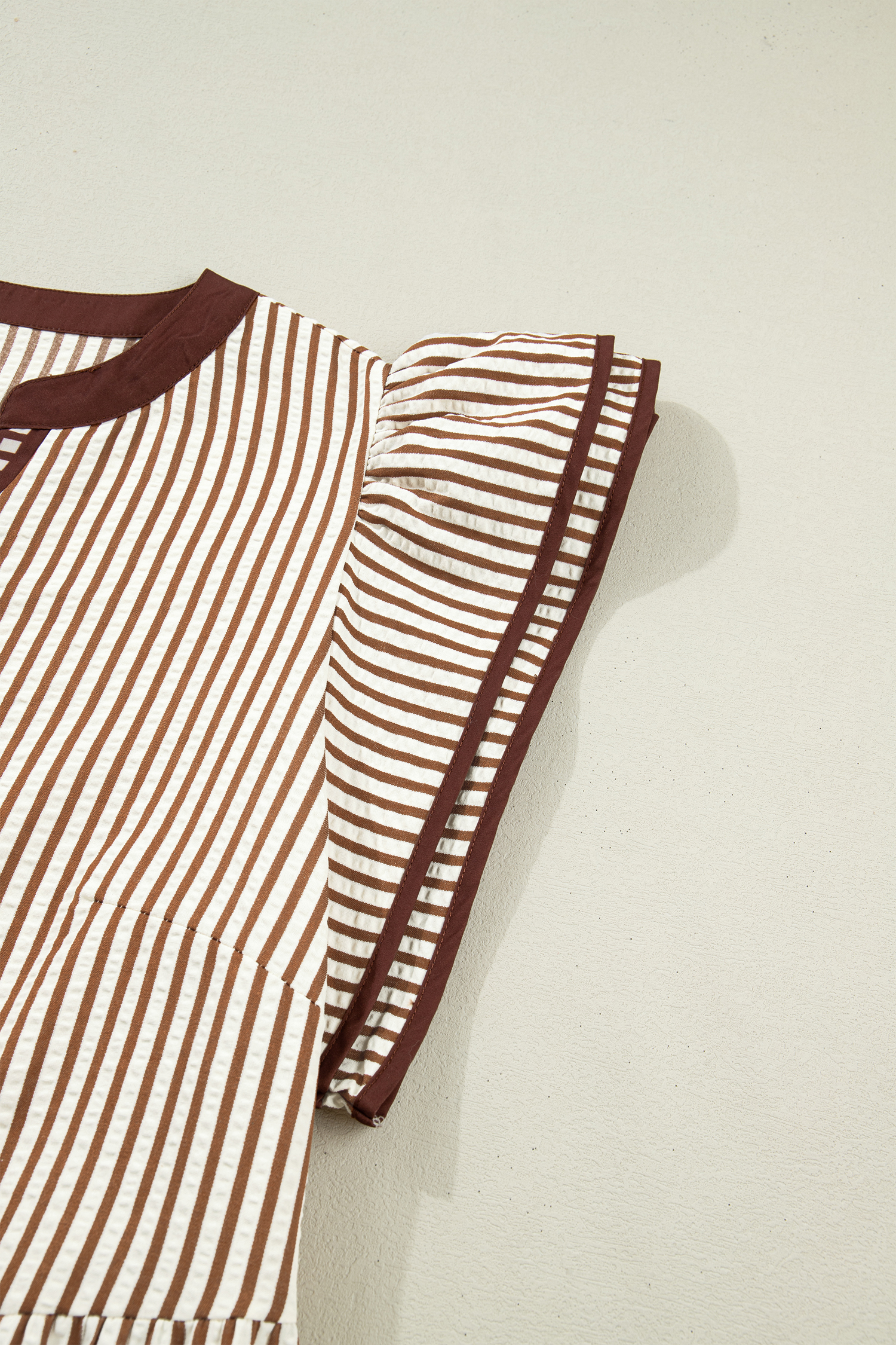Tiered Flutter Sleeve Maxi Dress for Women – Brown Striped Casual Shift Dress for Summer Daily Wear - Detail View 17 Tiered Flutter Sleeve Maxi Dress for Women – Brown Striped Casual Shift Dress for Summer Daily Wear - Detail View 17