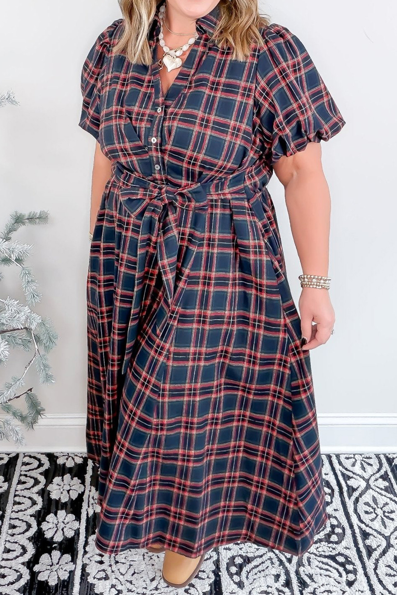 Plus Size Plaid Maxi Dress, V Neck Button Front Daily Wear - Detail View 5 Plus Size Plaid Maxi Dress, V Neck Button Front Daily Wear - Detail View 5