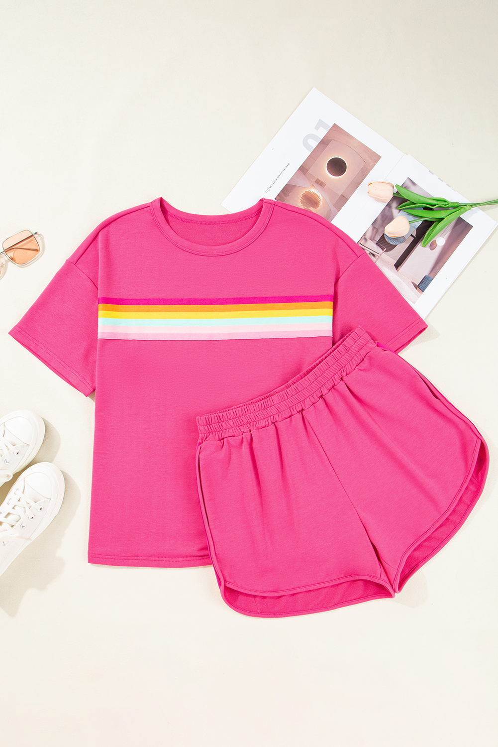 Chic Rose Red Striped Athleisure 2-Piece Set for Women – Comfort Meets Style This Summer - Detail View 3 Chic Rose Red Striped Athleisure 2-Piece Set for Women – Comfort Meets Style This Summer - Detail View 3
