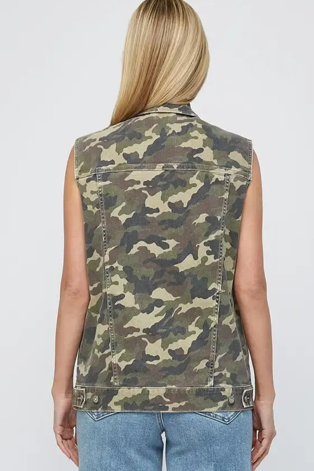 Women's Camouflage Print Denim Vest in Green – Cargo Pockets for Everyday Western Adventures - Detail View 2 Women's Camouflage Print Denim Vest in Green – Cargo Pockets for Everyday Western Adventures - Detail View 2