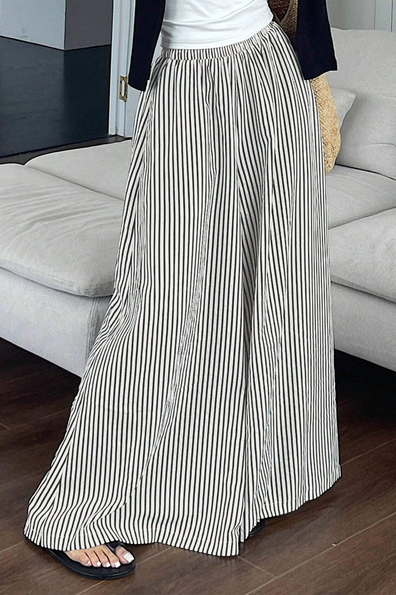 Women's Black Stripe Wide Leg Pants – High Waist Casual Trousers with Pockets for Daily Wear - Detail View 7 Women's Black Stripe Wide Leg Pants – High Waist Casual Trousers with Pockets for Daily Wear - Detail View 7