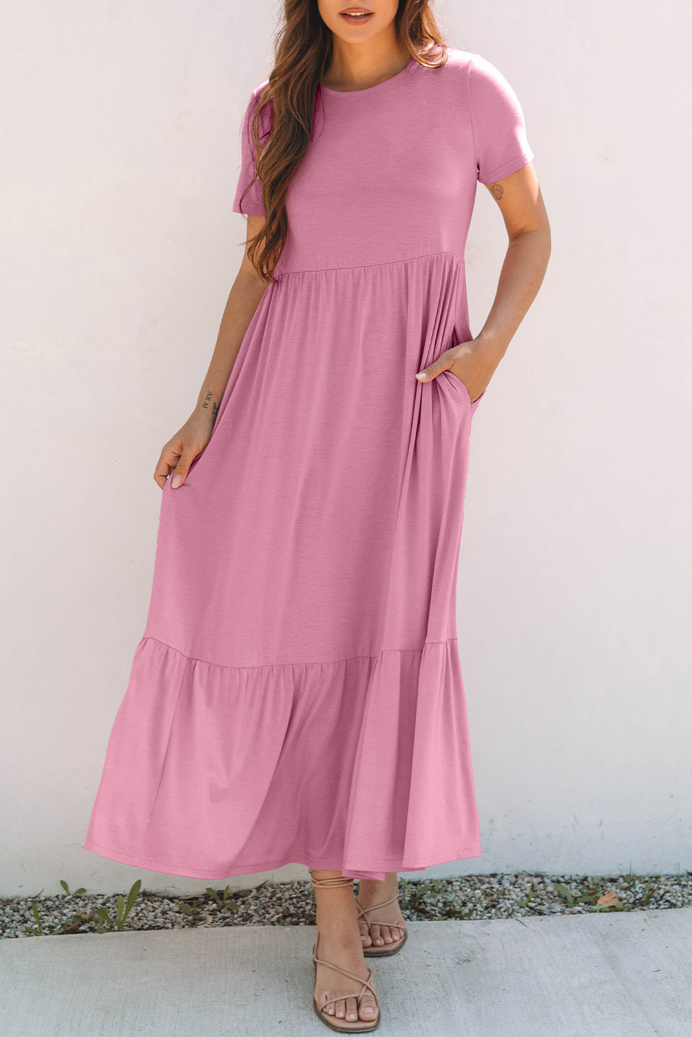 Women's Maxi Dress, Pink Dress, Solid Color, High Waist, Pocketed Dress, Casual Style, Summer Fashion, Flattering Fit, T-Shirt Style, Long Length, A-Line Silhouette, Daily Wear, Comfortable Dress - Detail View 8 Women's Maxi Dress, Pink Dress, Solid Color, High Waist, Pocketed Dress, Casual Style, Summer Fashion, Flattering Fit, T-Shirt Style, Long Length, A-Line Silhouette, Daily Wear, Comfortable Dress - Detail View 8