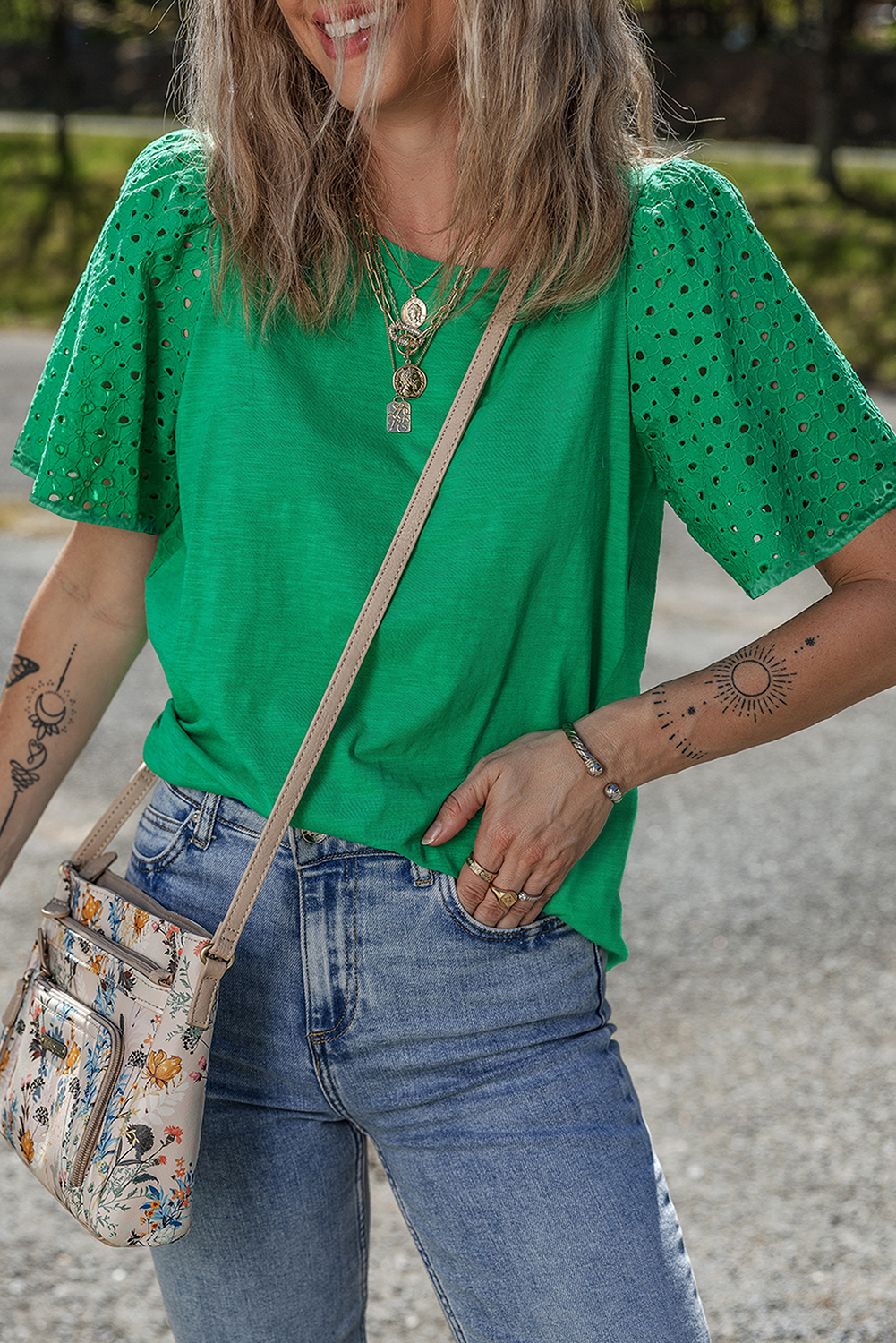 Chic and Casual Bright Green Embroidered Shift Top with Unique Patchwork Design - Detail View 2 Chic and Casual Bright Green Embroidered Shift Top with Unique Patchwork Design - Detail View 2