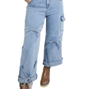 Women's Beau Blue Bowknot Decor Boyfriend Cargo Jeans with Pocket - Main View