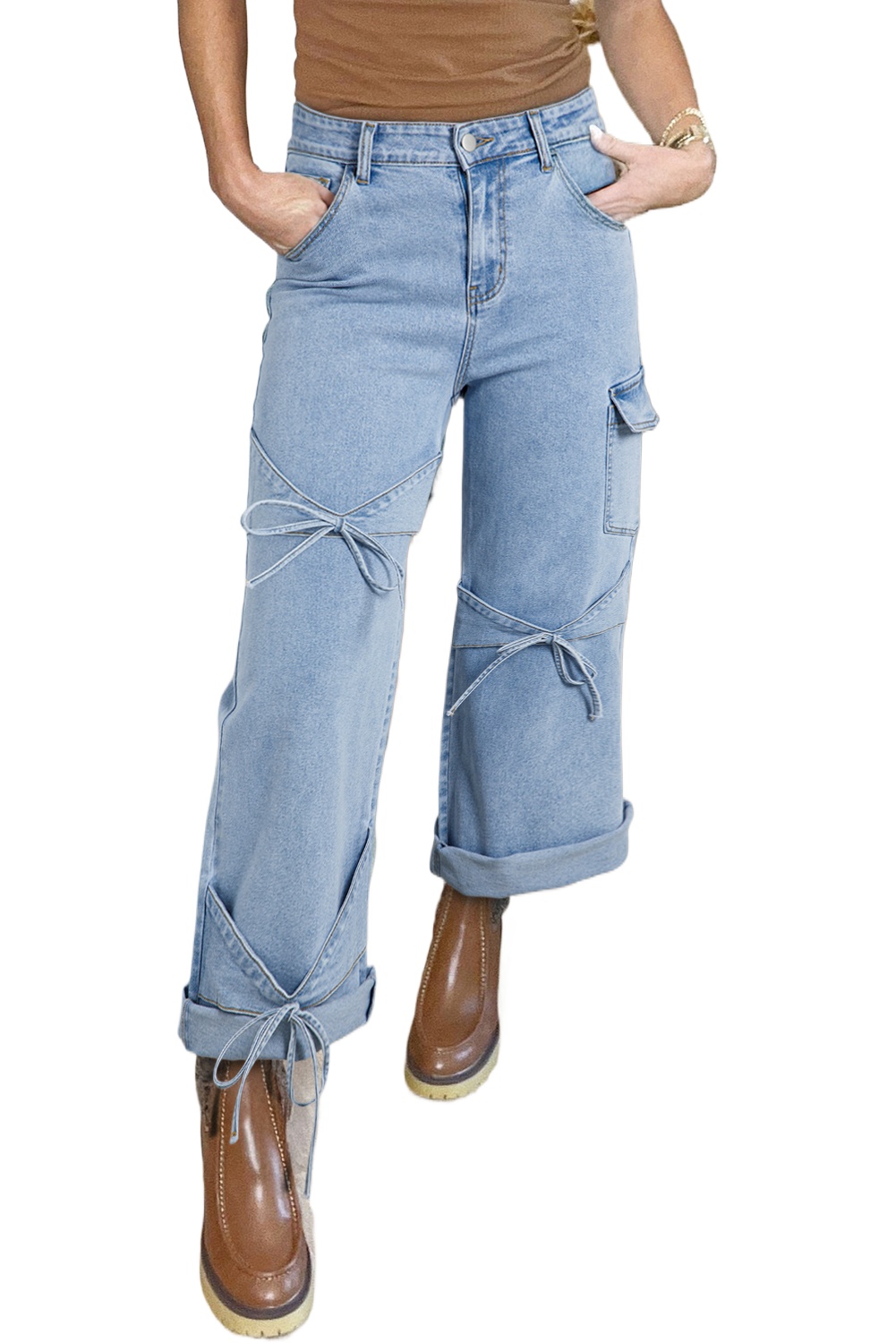 Women's Beau Blue Bowknot Decor Boyfriend Cargo Jeans with Pocket - Main View Women's Beau Blue Bowknot Decor Boyfriend Cargo Jeans with Pocket - Main View
