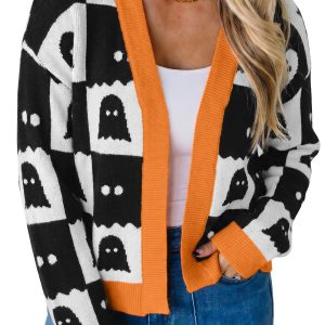 Women's Ghost Print Cardigan, Casual Halloween Knit Top - Main View