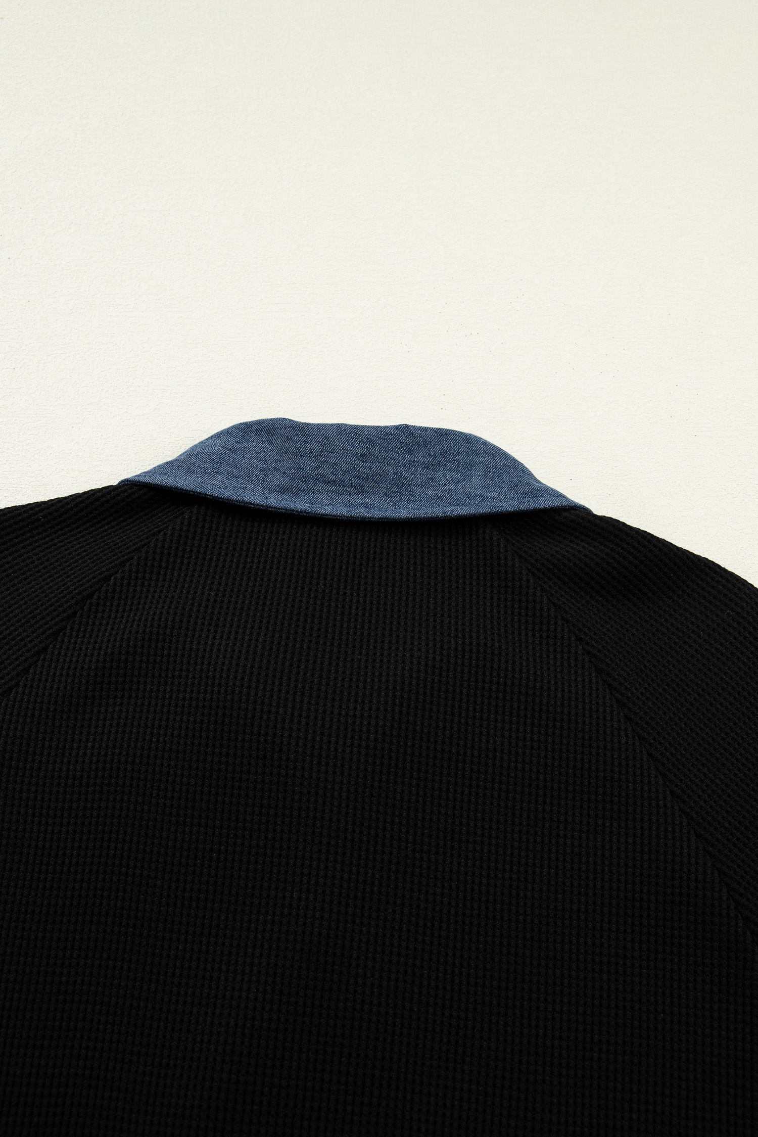 Men's Long Sleeve Black Knit Denim Polo - Stylish Patchwork Design for Fall Outings - Detail View 6 Men's Long Sleeve Black Knit Denim Polo - Stylish Patchwork Design for Fall Outings - Detail View 6