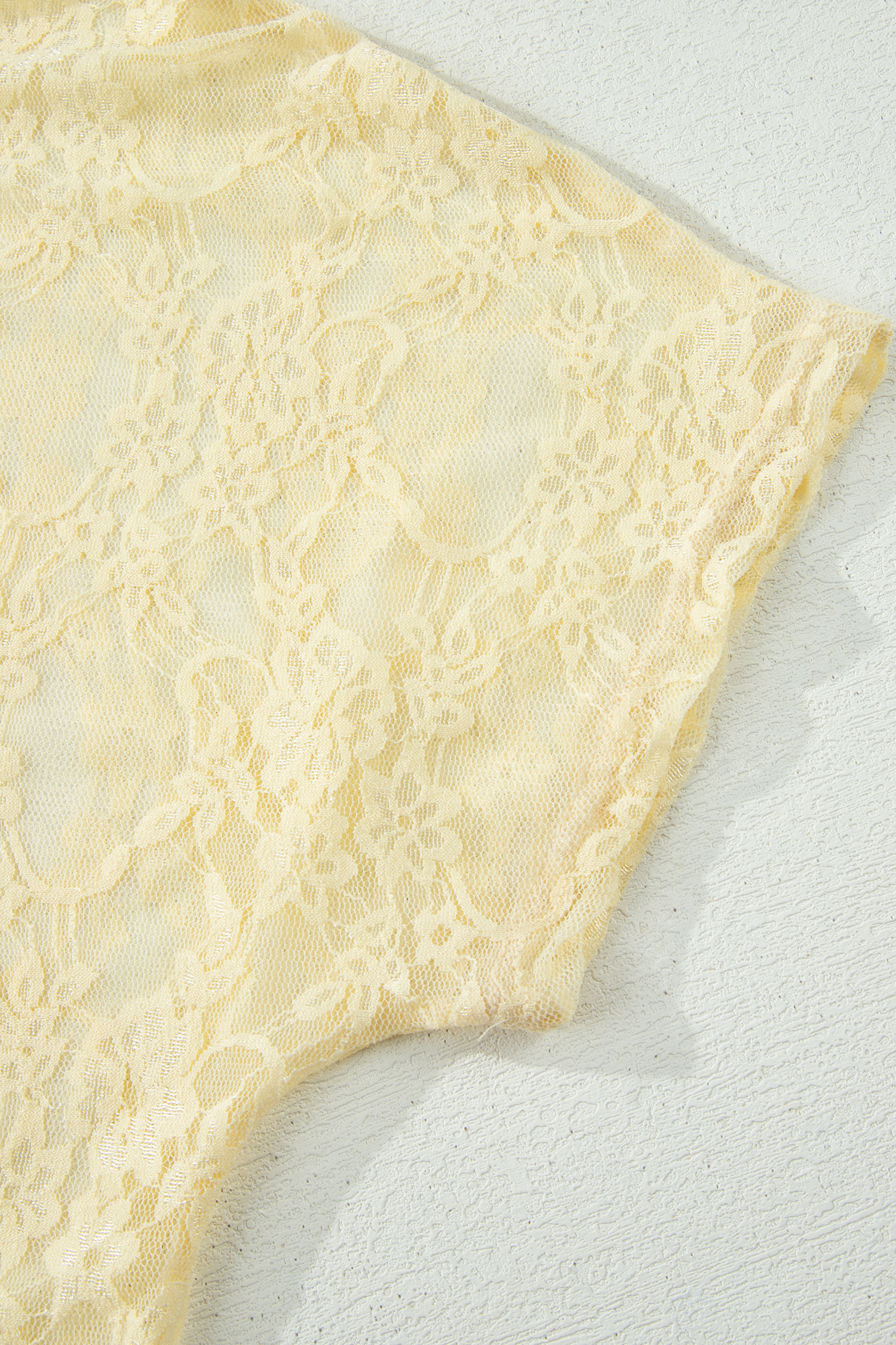 Women's Sheer Floral Lace Short Sleeve Tee, Yellow Cream Round Neck Shift Top for Night Out - Detail View 8 Women's Sheer Floral Lace Short Sleeve Tee, Yellow Cream Round Neck Shift Top for Night Out - Detail View 8