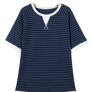 Women's Blue Stripe Contrast Trim Plus Size Ribbed T-Shirt – Casual Summer Style - Main View