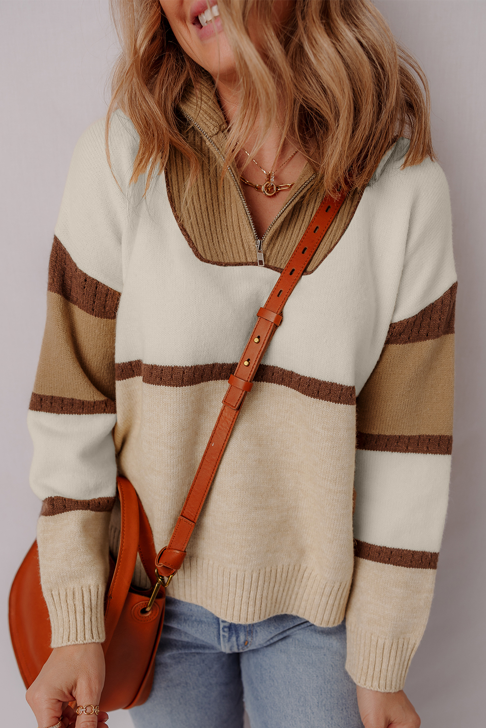 Fall Casual Women's Zipped Patchwork Sweater in Parchment – Versatile Layering - Detail View 5 Fall Casual Women's Zipped Patchwork Sweater in Parchment – Versatile Layering - Detail View 5