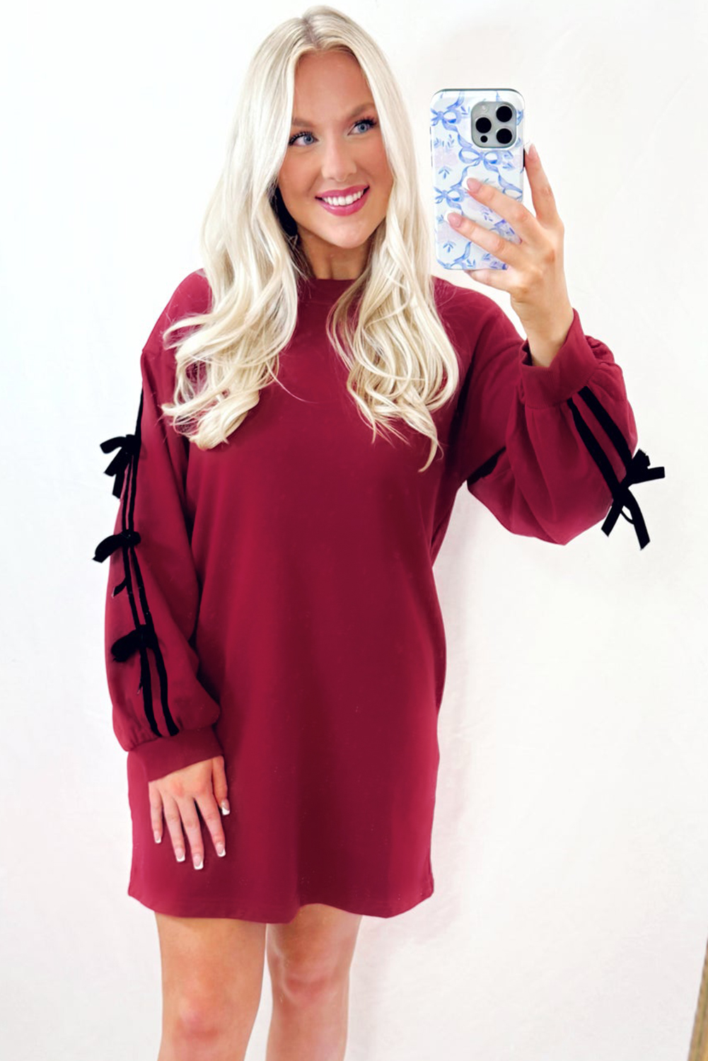 Casual Drop Shoulder Mini Dress for Women in Red Stripe Patchwork - Detail View 5 Casual Drop Shoulder Mini Dress for Women in Red Stripe Patchwork - Detail View 5