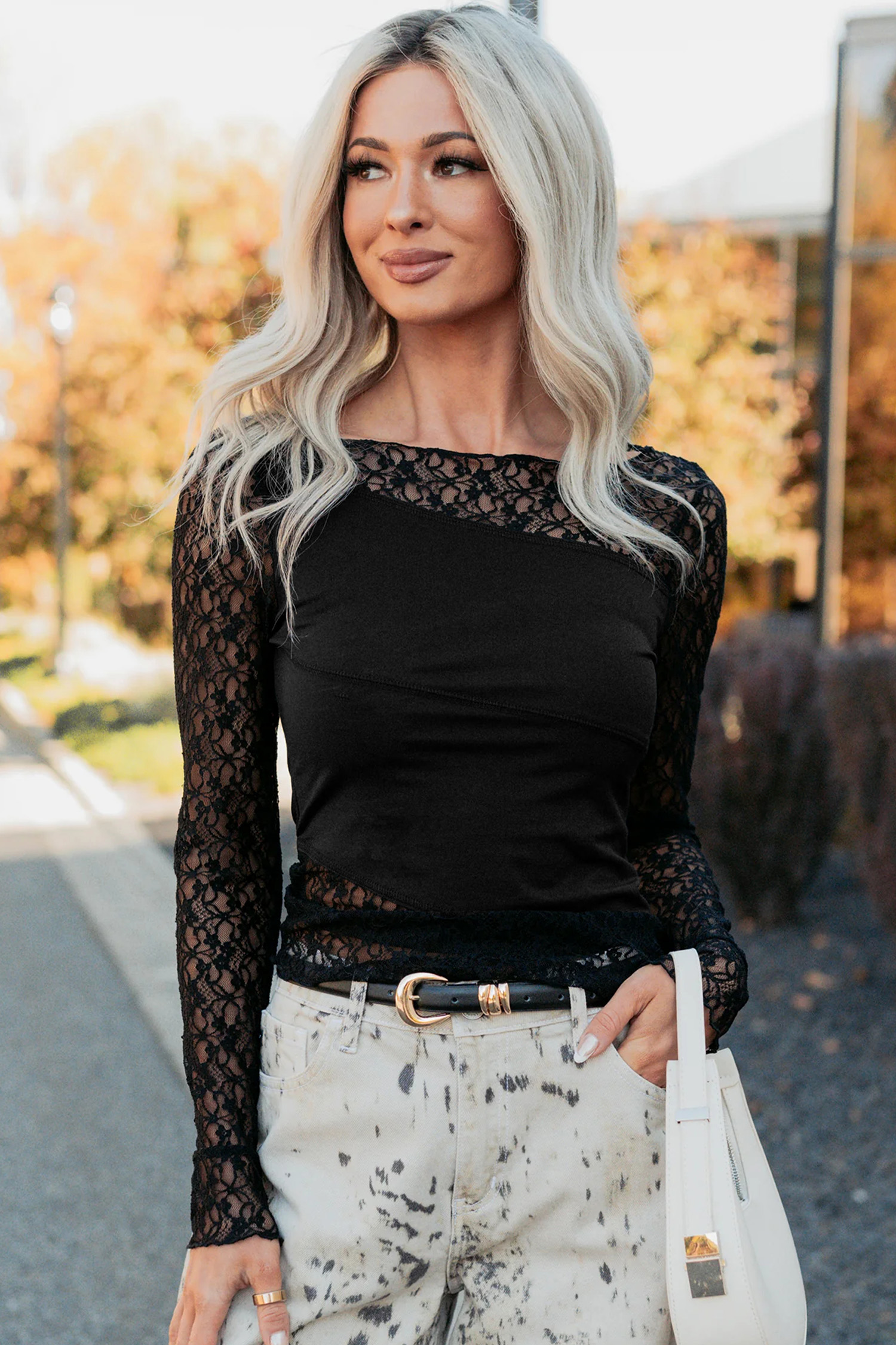 Chic Black Sheer Floral Lace Patchwork Top for Women – Long Sleeve Asymmetric Style for Spring - Detail View 2 Chic Black Sheer Floral Lace Patchwork Top for Women – Long Sleeve Asymmetric Style for Spring - Detail View 2