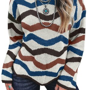 Women's Multicolour Retro Wave Print Western Sweater – Cozy Fall Fashion Essential - Main View