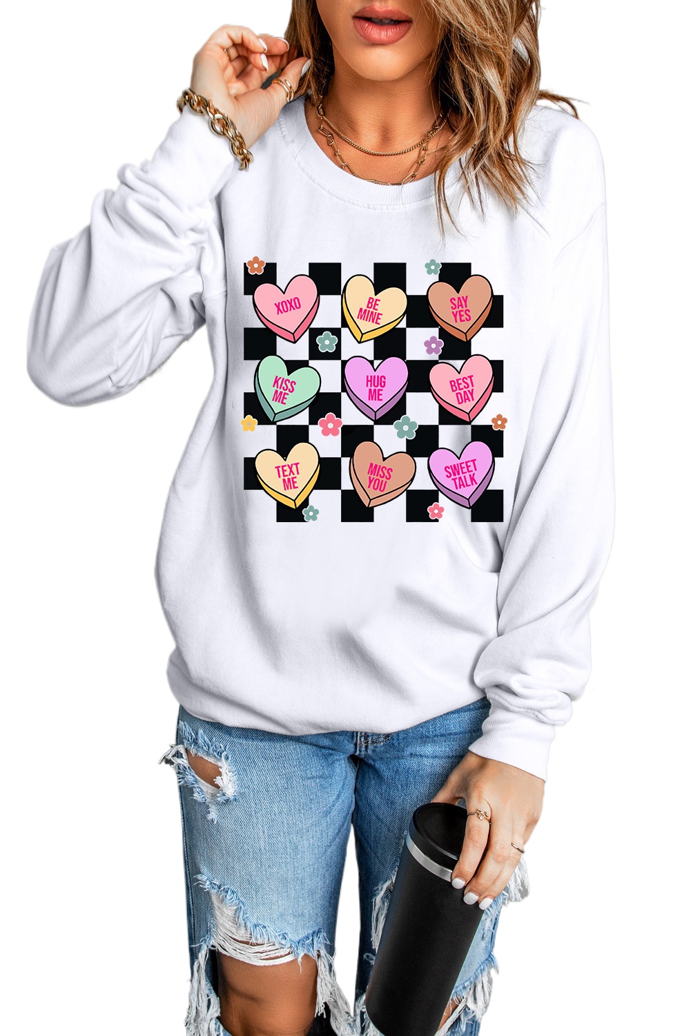 Women's White Checkered Valentine's Heart Graphic Sweatshirt - Main View Women's White Checkered Valentine's Heart Graphic Sweatshirt - Main View