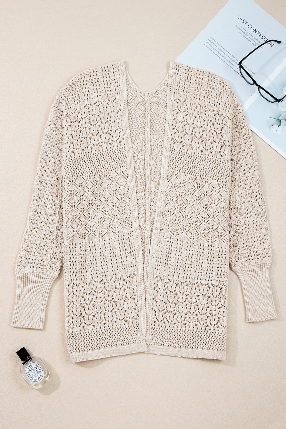 Women's Cardigan, Jet Stream, Hollowed Knit, Open Front, Casual Style, Long Sleeve, Daily Wear, Fall Fashion, Solid Color, Shift Silhouette, Comfortable Layering, Acrylic Cotton Blend - Detail View 8 Women's Cardigan, Jet Stream, Hollowed Knit, Open Front, Casual Style, Long Sleeve, Daily Wear, Fall Fashion, Solid Color, Shift Silhouette, Comfortable Layering, Acrylic Cotton Blend - Detail View 8