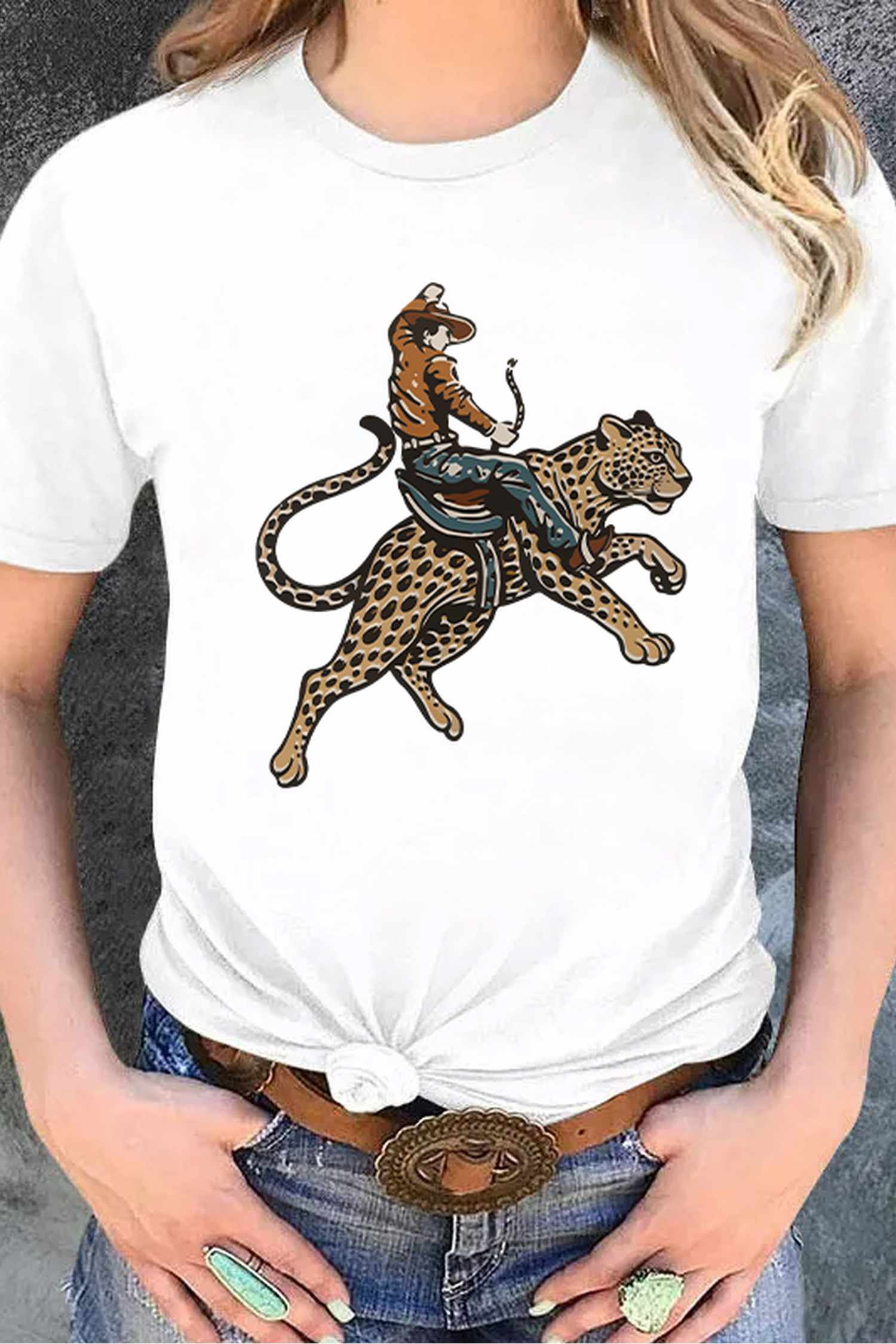 Women's Animal Print Graphic Tee, Casual Round Neck Shirt - Detail View 3 Women's Animal Print Graphic Tee, Casual Round Neck Shirt - Detail View 3