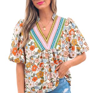Women's Multicolour Floral Crochet Blouse – V Neck Puff Sleeve Boho Top for Vacation - Main View