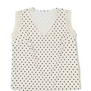 Women's Apricot Polka Dot V Neck Sleeveless Top – Casual Summer Style with Lace Trim - Main View