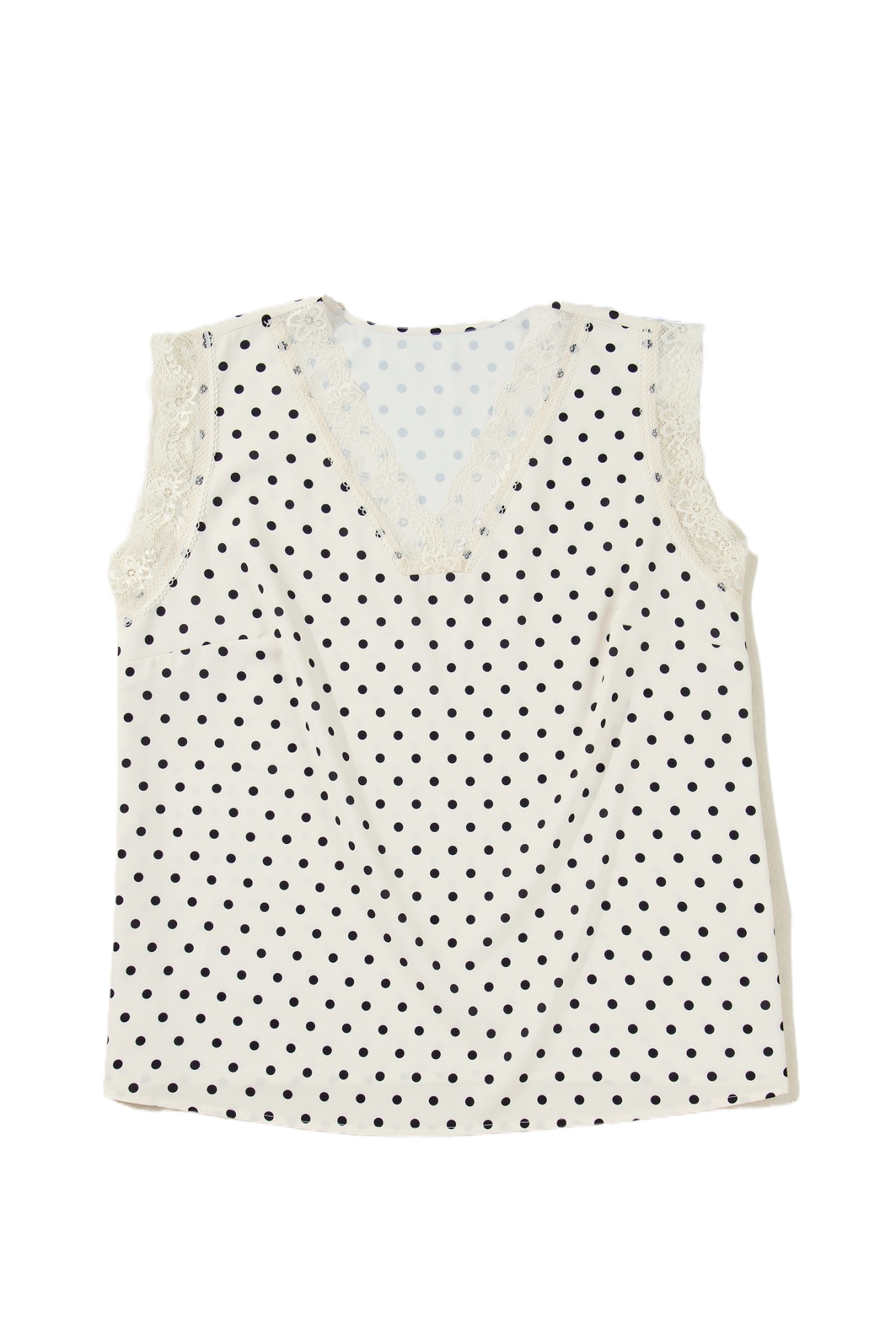 Women's Apricot Polka Dot V Neck Sleeveless Top – Casual Summer Style with Lace Trim - Main View Women's Apricot Polka Dot V Neck Sleeveless Top – Casual Summer Style with Lace Trim - Main View