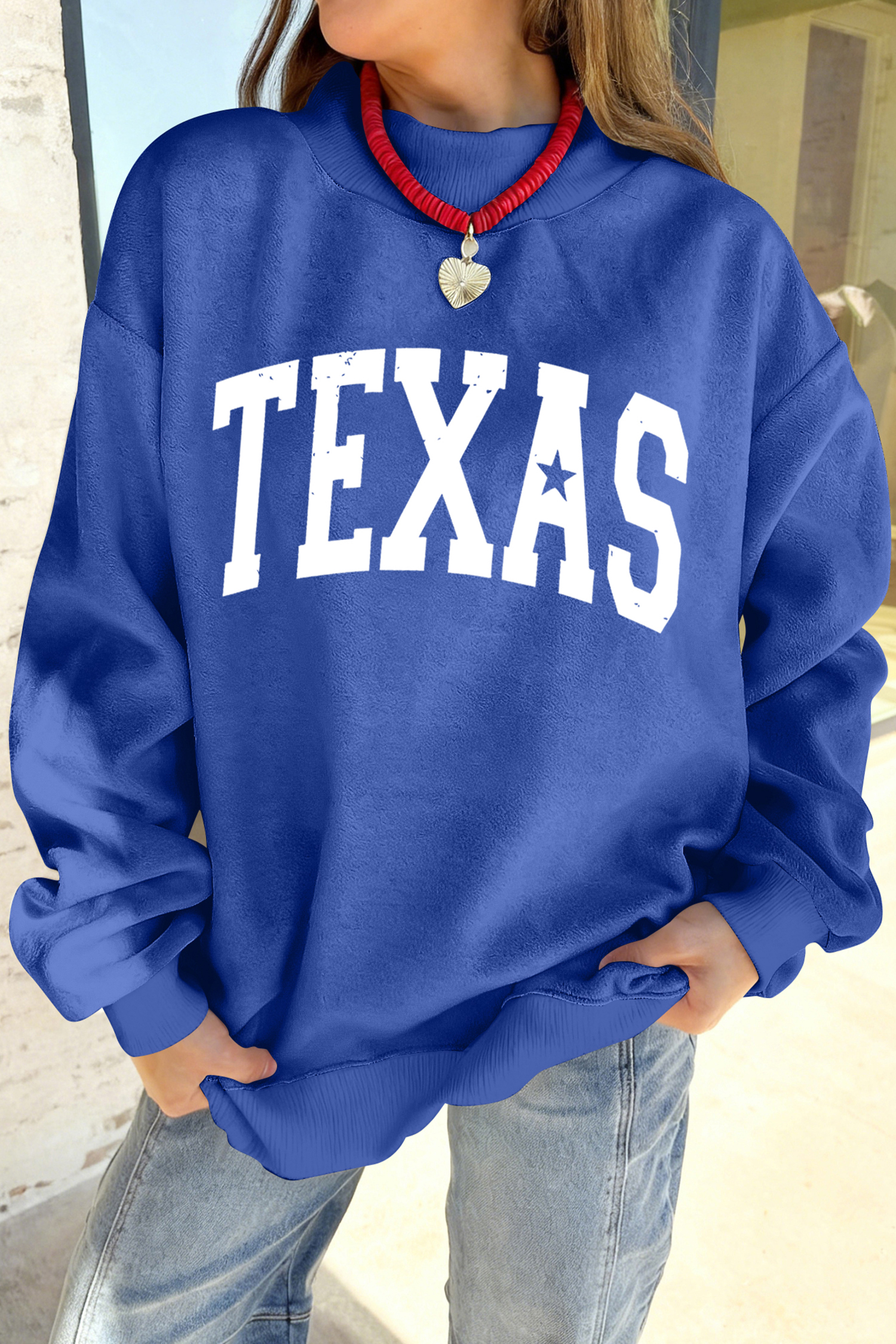 Versatile Dark Blue Texas Print Mock Neck Sweatshirt – Perfect for Autumn Outings - Detail View 3 Versatile Dark Blue Texas Print Mock Neck Sweatshirt – Perfect for Autumn Outings - Detail View 3