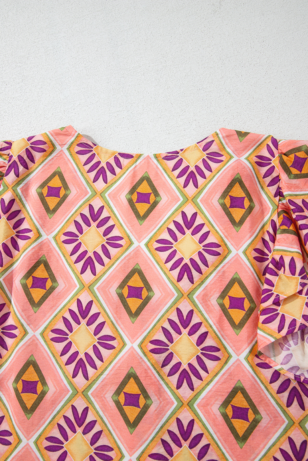 Women's Dress, Orange Mini Dress, Geometric Floral, V Neck, Ruffled Sleeves, Buttoned Detail, Casual Wear, Bohemian Style, Daily Dress, Summer Fashion, Flattering Fit, Playful Design, H-Line Silhouette, Short Sleeve, Stylish Outfit, Elegant Look - Detail View 20 Women's Dress, Orange Mini Dress, Geometric Floral, V Neck, Ruffled Sleeves, Buttoned Detail, Casual Wear, Bohemian Style, Daily Dress, Summer Fashion, Flattering Fit, Playful Design, H-Line Silhouette, Short Sleeve, Stylish Outfit, Elegant Look - Detail View 20