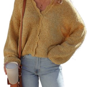 Women's Light French Beige Lantern Sleeve Scallop V Neck Buttoned Front Cardigan - Main View