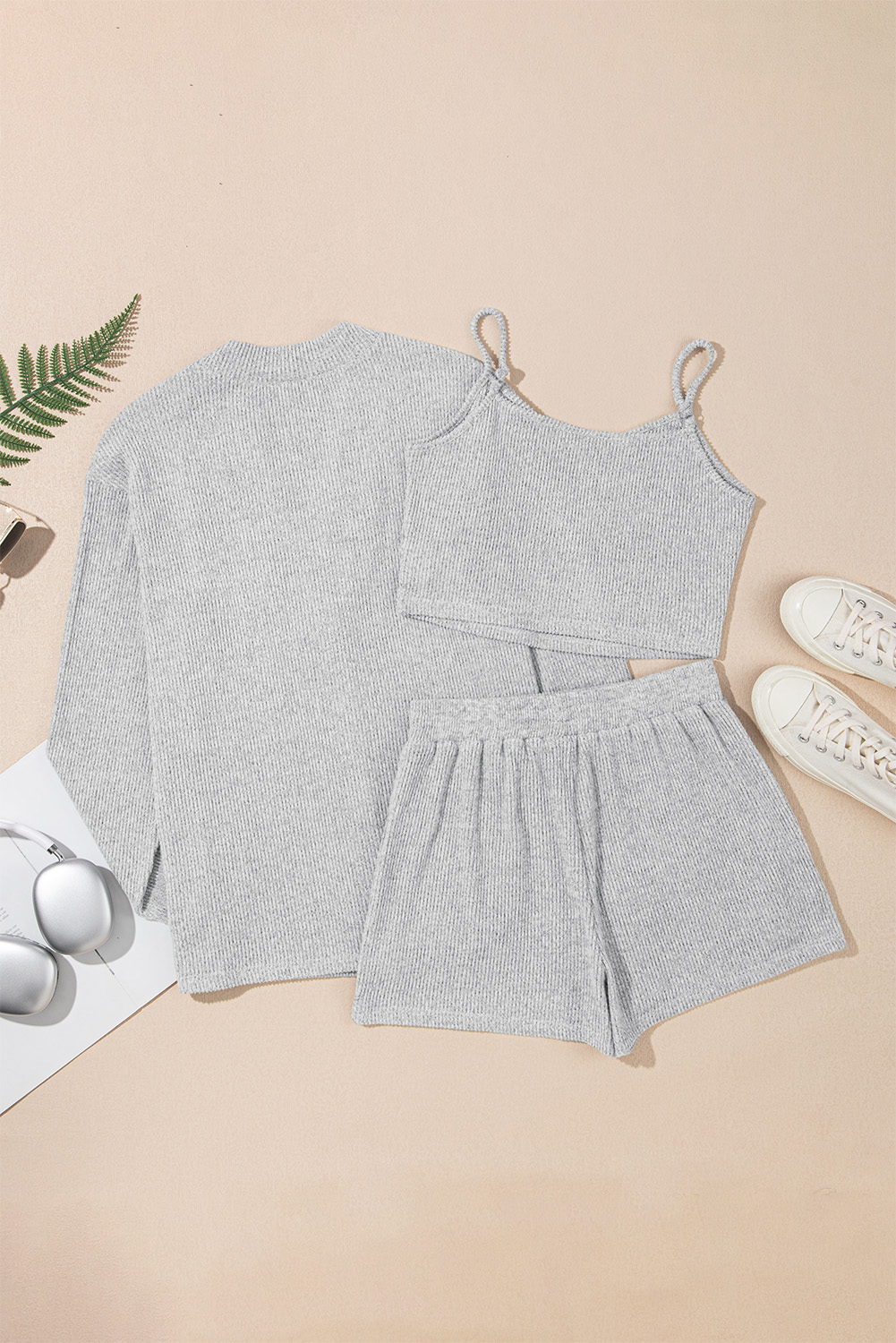 Women's Light Grey 3-Piece Ribbed Crop Camisole, Shorts, and Cardigan Lounge Set - Detail View 9 Women's Light Grey 3-Piece Ribbed Crop Camisole, Shorts, and Cardigan Lounge Set - Detail View 9