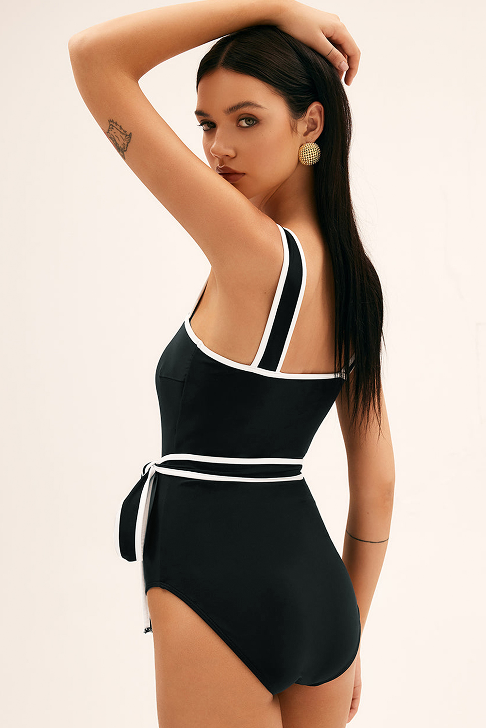 Women's Elegant Black Colorblock Edge Belted One Piece Swimsuit with Padded Support - Detail View 9 Women's Elegant Black Colorblock Edge Belted One Piece Swimsuit with Padded Support - Detail View 9