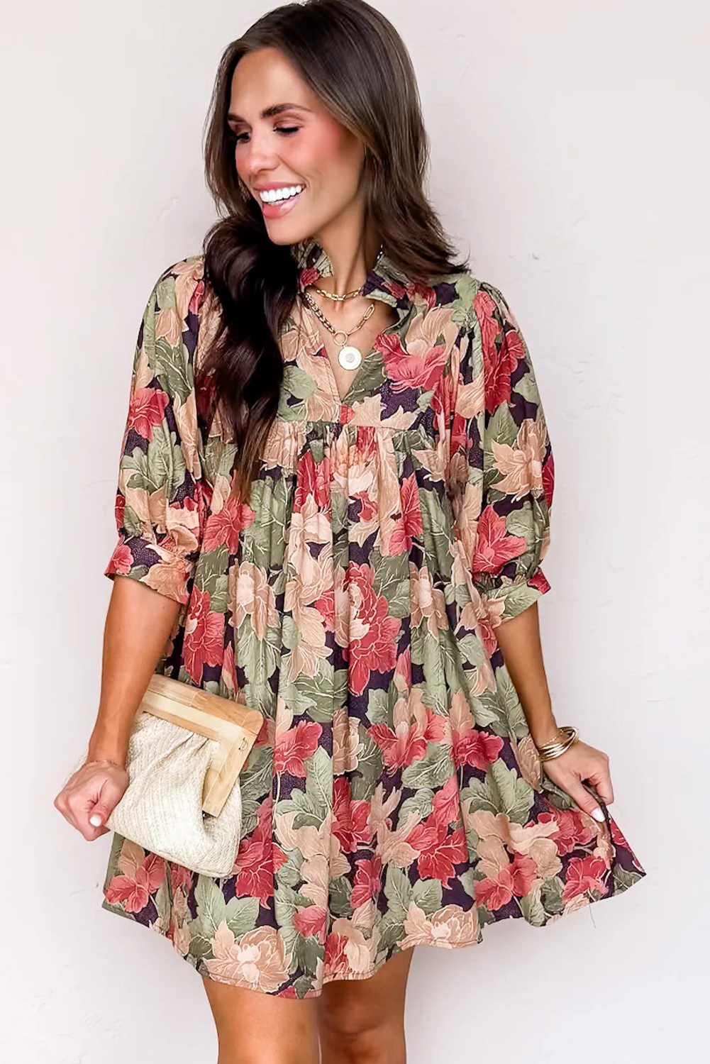 Chic Green Floral V Neck Mini Dress for Women – Perfect for Daily Wear - Detail View 8 Chic Green Floral V Neck Mini Dress for Women – Perfect for Daily Wear - Detail View 8