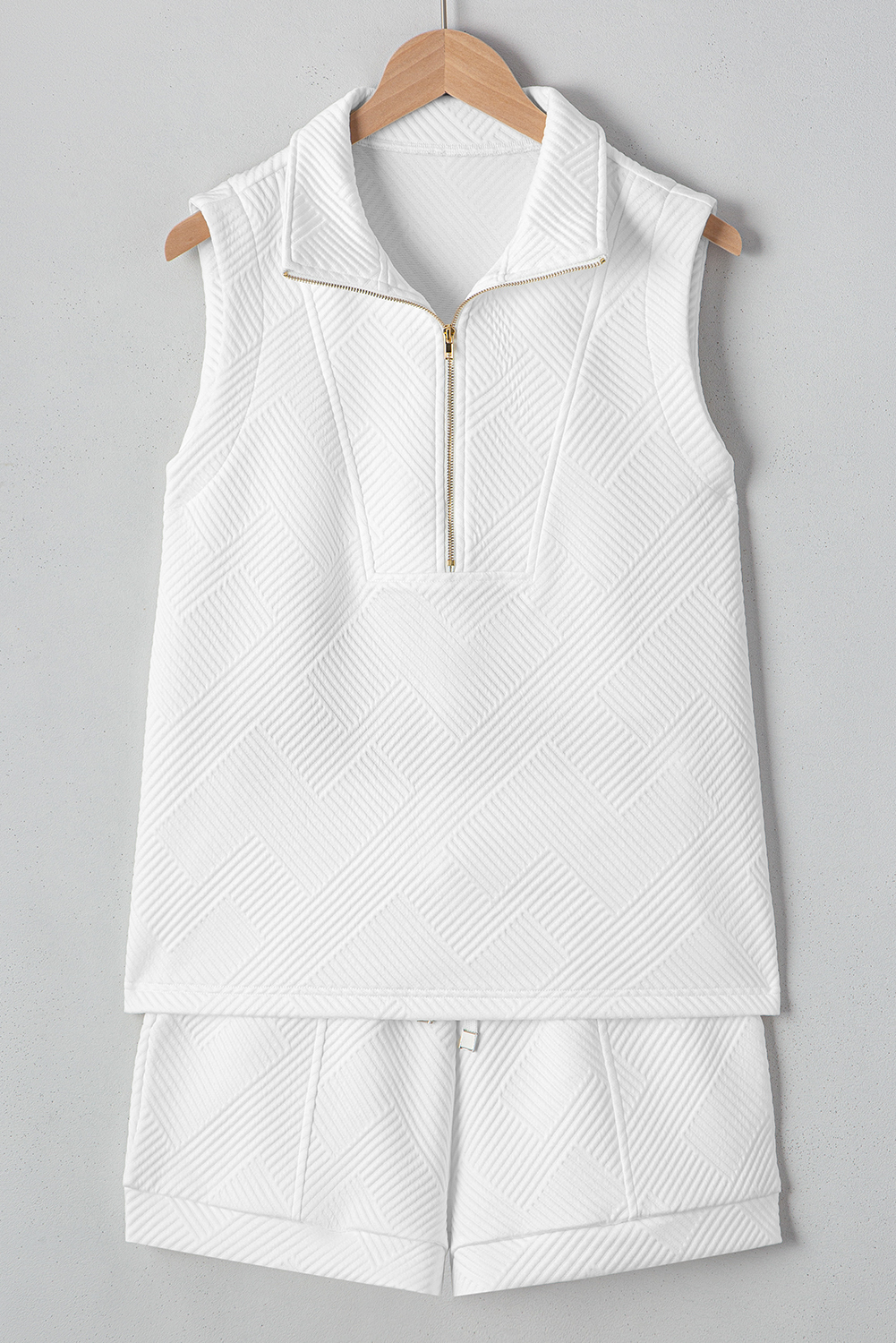 Stylish Casual Two-Piece Set: White Textured Half Zip Crop Tank & High Waist Shorts - Detail View 6 Stylish Casual Two-Piece Set: White Textured Half Zip Crop Tank & High Waist Shorts - Detail View 6