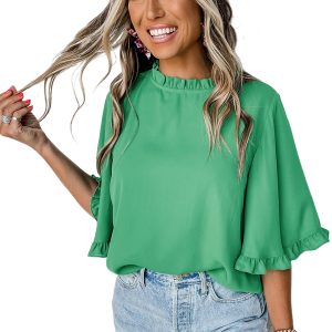 Chic Green Frilly Round Neck Blouse with Wide Half Sleeves for Women - Main View