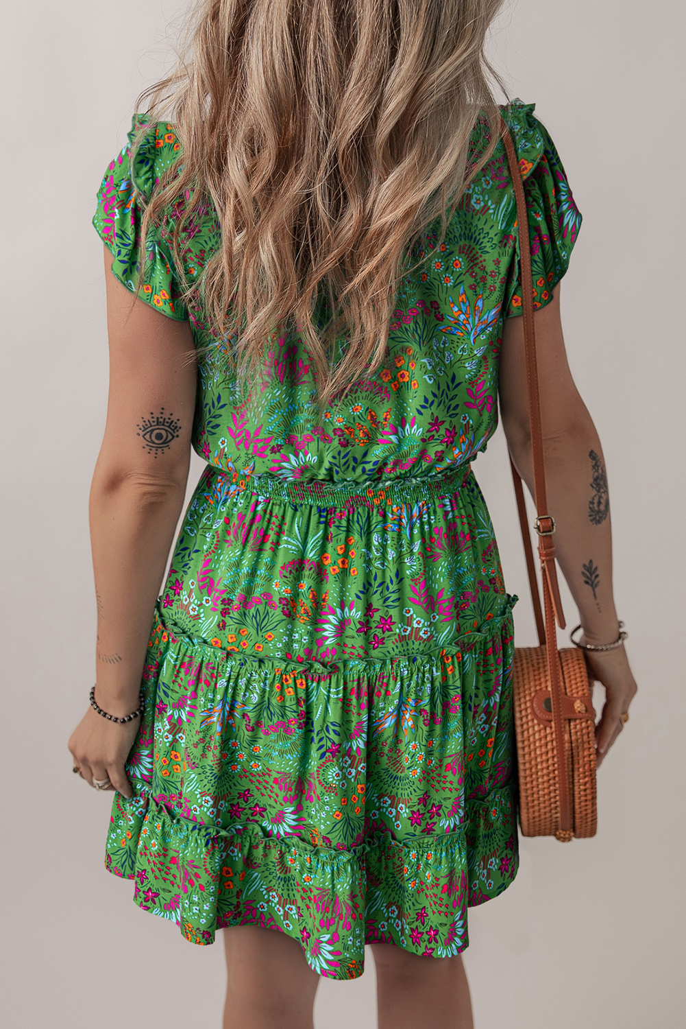 Women's Dress, Green Floral, Tie Split Neck, Ruffle Trim, Tiered Dress, Casual Style, Summer Fashion, Flutter Sleeves, Mini Length, Daily Wear, A-Line Silhouette, Eye-Catching Design, 100% Viscose, Stylish Dress - Detail View 4 Women's Dress, Green Floral, Tie Split Neck, Ruffle Trim, Tiered Dress, Casual Style, Summer Fashion, Flutter Sleeves, Mini Length, Daily Wear, A-Line Silhouette, Eye-Catching Design, 100% Viscose, Stylish Dress - Detail View 4