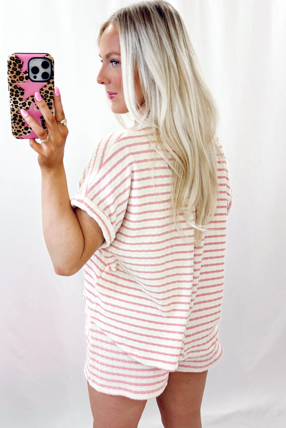Stylish Casual Two-Piece Set: Pink Striped Top with Short Sleeves and Drawstring Shorts - Detail View 2 Stylish Casual Two-Piece Set: Pink Striped Top with Short Sleeves and Drawstring Shorts - Detail View 2