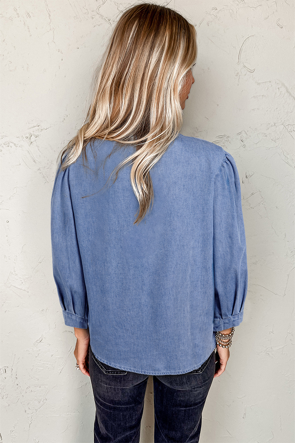Fashionable Women's Myosotis Blue Chambray Top - Puff Sleeves and Bow Tie - Detail View 2 Fashionable Women's Myosotis Blue Chambray Top - Puff Sleeves and Bow Tie - Detail View 2