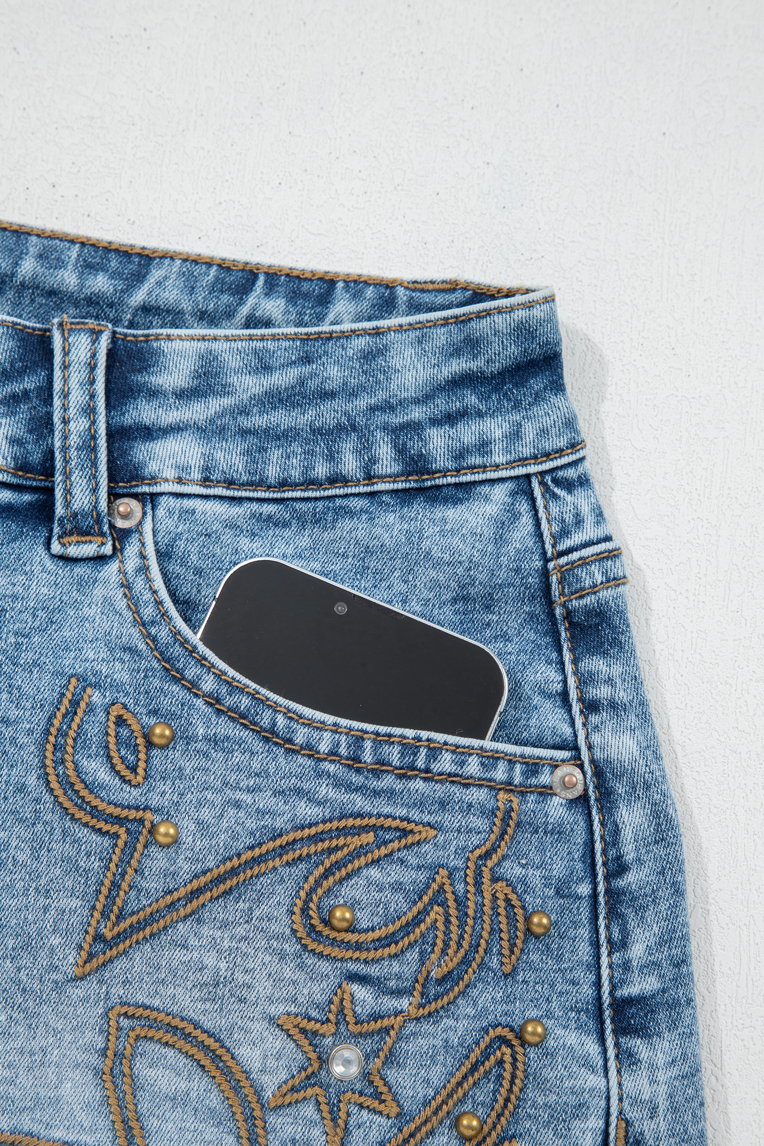 Dusk Blue Western Studded Denim Shorts for Women – High Waisted Embroidered Shorts for Concerts - Detail View 8 Dusk Blue Western Studded Denim Shorts for Women – High Waisted Embroidered Shorts for Concerts - Detail View 8