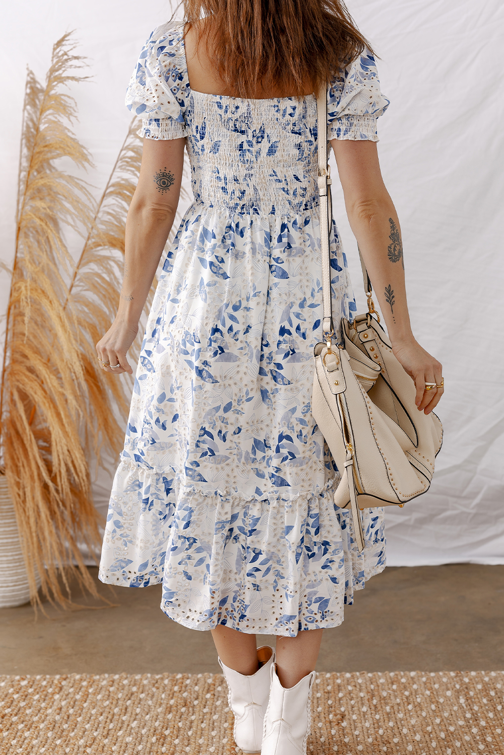 Floral Tiered Midi Dress in Sky Blue – Short Puff Sleeves, Ideal for Women’s Summer Outfits - Detail View 3 Floral Tiered Midi Dress in Sky Blue – Short Puff Sleeves, Ideal for Women’s Summer Outfits - Detail View 3