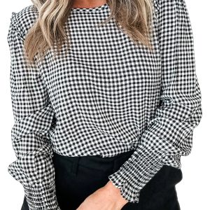 Plaid Women's Round Neck Blouse, Casual Shirred Top - Main View