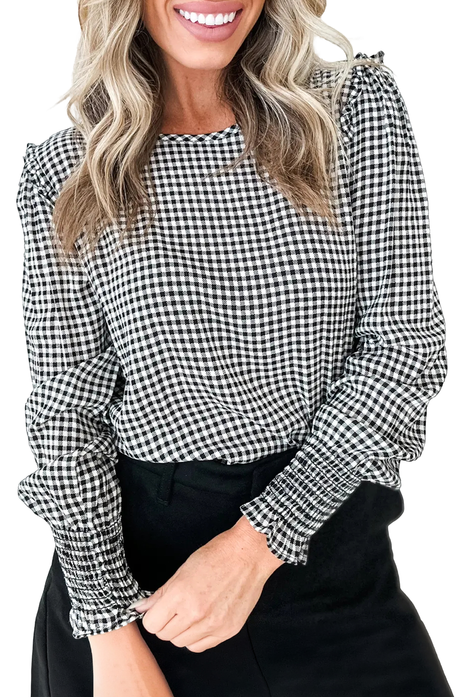 Plaid Women's Round Neck Blouse, Casual Shirred Top - Main View Plaid Women's Round Neck Blouse, Casual Shirred Top - Main View