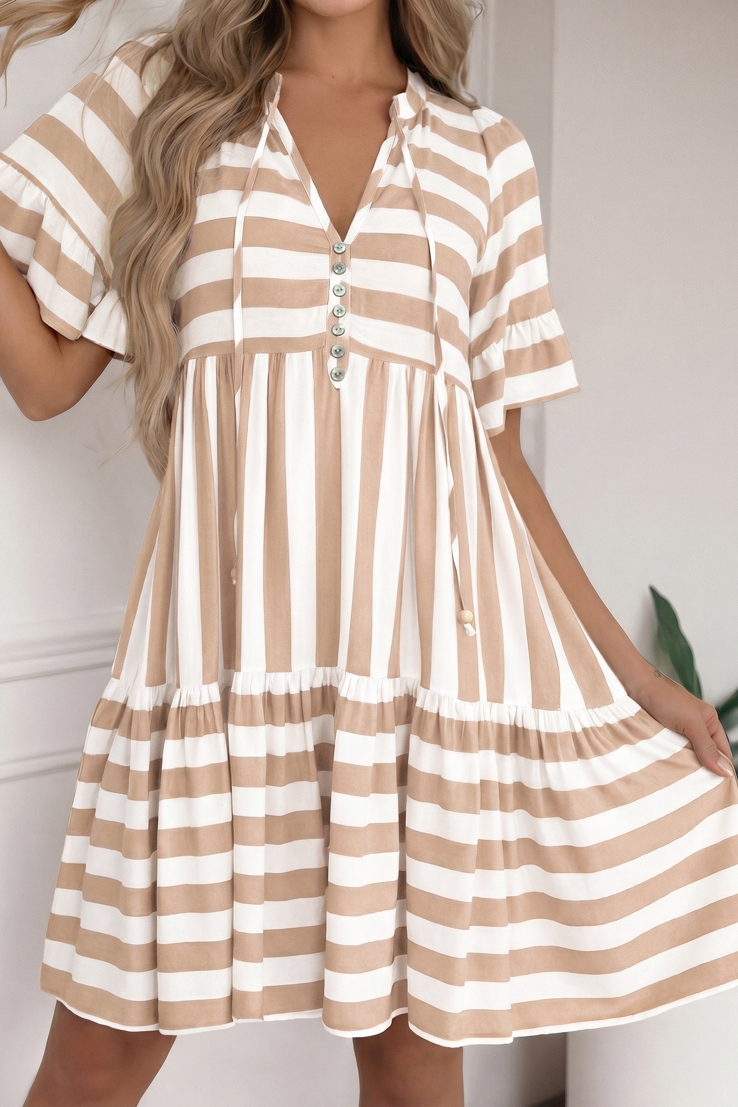 Women's Khaki Striped V Neck Dress – Casual Ruffle Sleeve A-Line Summer Shift Dress - Detail View 7 Women's Khaki Striped V Neck Dress – Casual Ruffle Sleeve A-Line Summer Shift Dress - Detail View 7