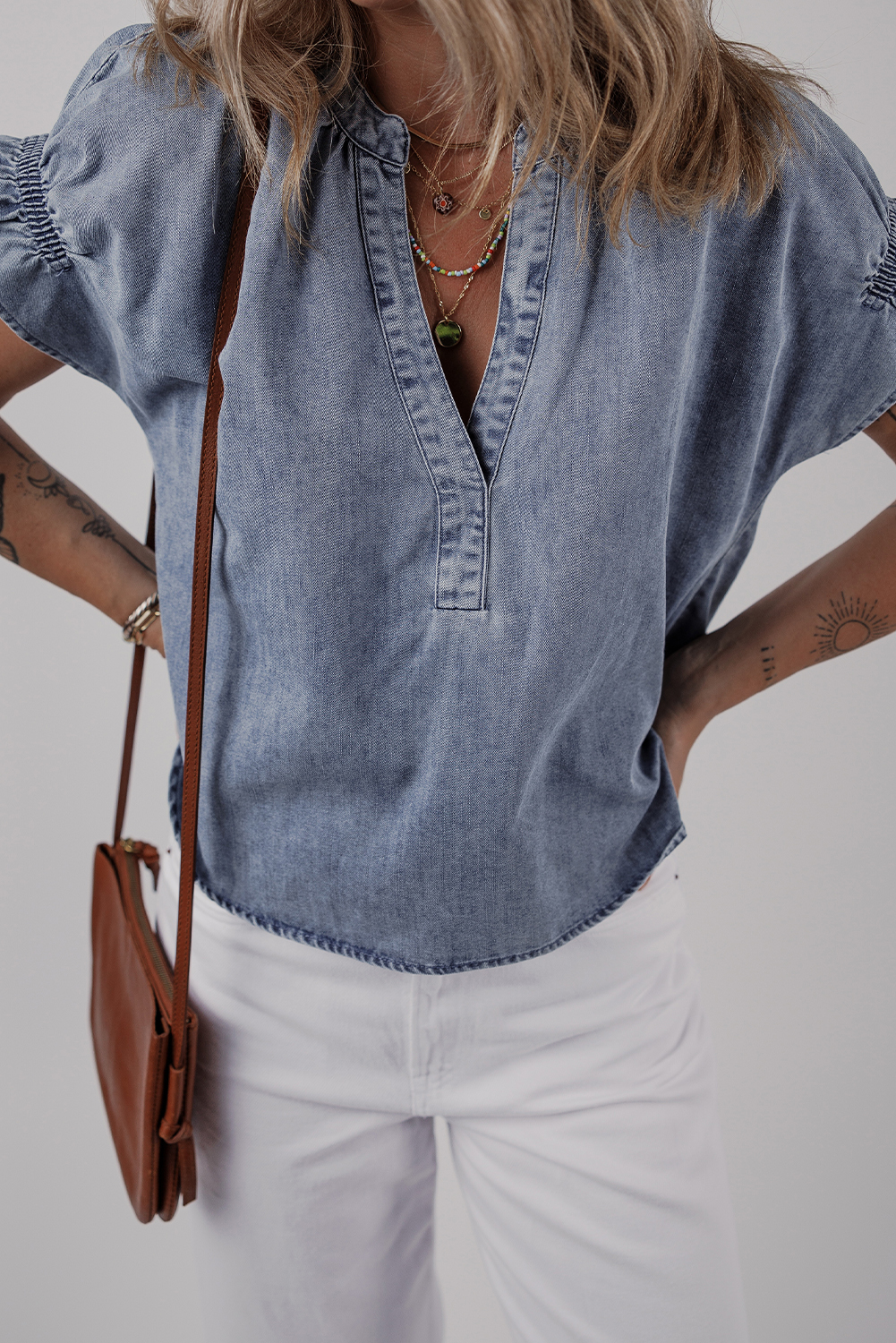 Women's Denim Top, Dusk Blue, V Neck, Ruffled Detail, Short Puff Sleeves, Casual Style, Comfortable, Summer Fashion, Flattering Fit, Trendy Design, Daily Wear, Tops, Tops & Tees - Detail View 4 Women's Denim Top, Dusk Blue, V Neck, Ruffled Detail, Short Puff Sleeves, Casual Style, Comfortable, Summer Fashion, Flattering Fit, Trendy Design, Daily Wear, Tops, Tops & Tees - Detail View 4