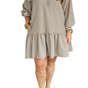 Women's Khaki Stripe Puff Sleeve Mini Dress – Casual Daily Wear for Spring - Main View